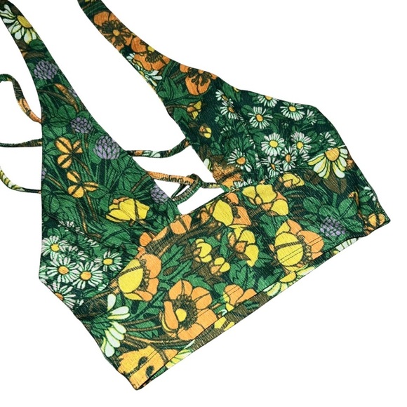 Urban Outfitters Valeria Wrap Over Halter Top Green Floral Size XS - Picture 2 of 13